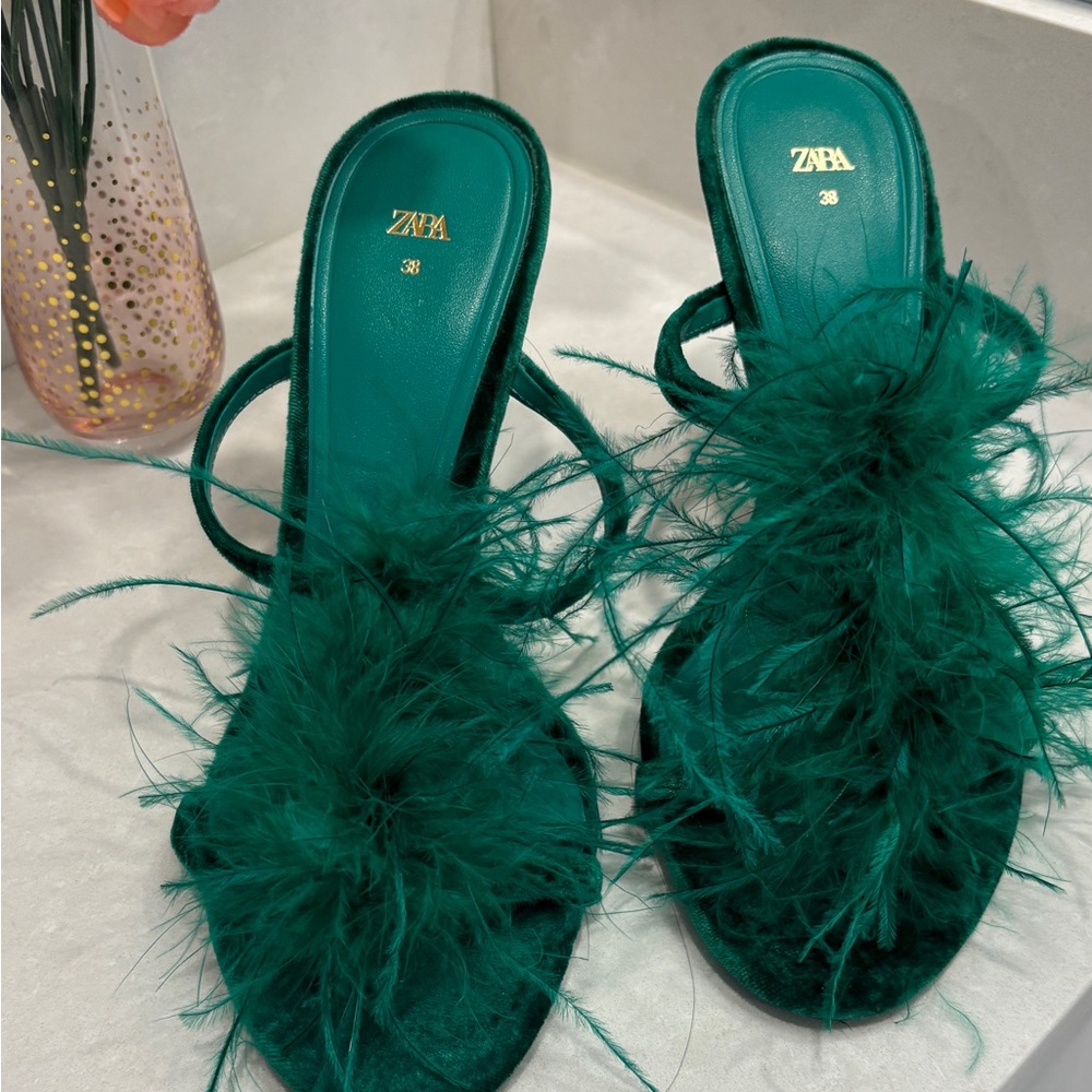 Zara Teal Feathered Heels